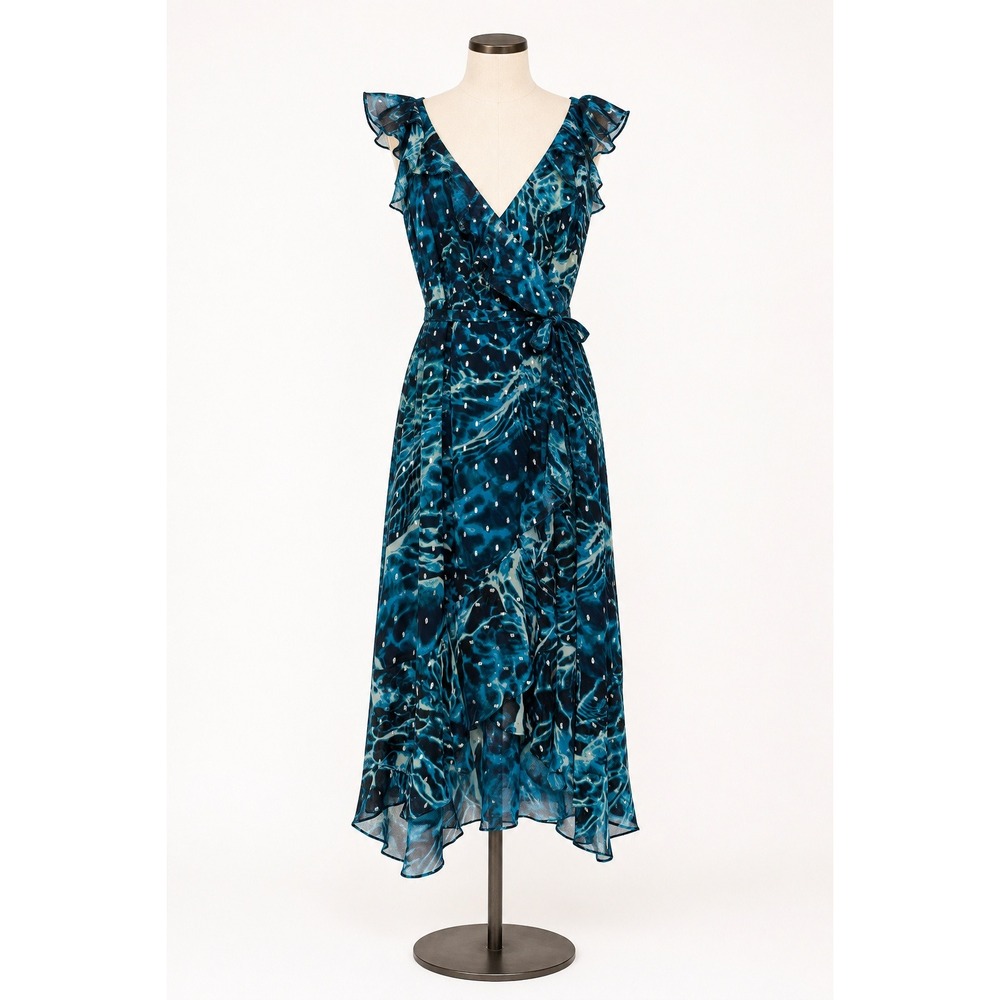 WHBM Water Print Ruffle Faux Wrap Y2K Dress Women 8 Blue Metallic Mermaidcore